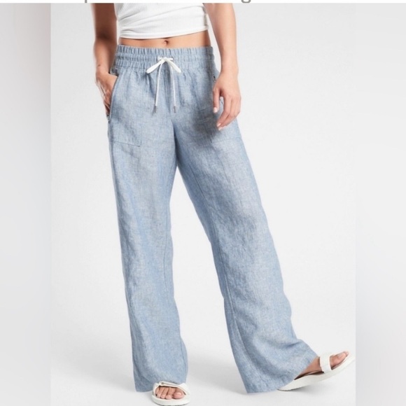 Athleta Pants - Athleta Cabo Linen Wide Leg Light Blue Pants Elastic Comfort